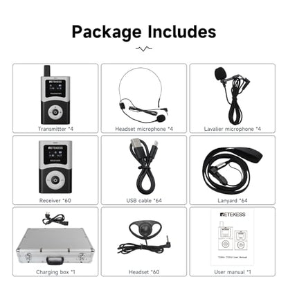 Retekess T130U(4nd Gen T130)Tour Guide System,Tour Guide Headsets(4TX 60RX) | for Tourist Groups, U-Band Digital Mode, 60-Slot Charge Case, 200M, 40H, One-Key Operation, Wireless Connection - style: 4-60