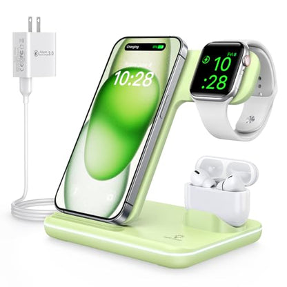WAITIEE Wireless Charger 3 in 1, 15W Fast Charging Station for Apple Watch 9/8/Ultra 2/Ultra/SE/7/6/5/4/3/2, for AirPods 3/2/1/Pro/Pro 2, for iPhone 15/14/13 /Plus/Pro/Pro Max/12/11/X/Xr/XS/8 (Green) - color: Mint Green