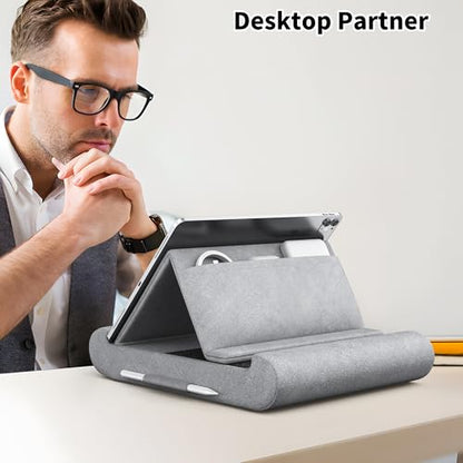 CreaDream Tablet Pillow Stand, Foldable Tablet Holder for Lap, Bed | Soft Pillow Pad with Pocket and Stylus Mount, for 4-13" Tablets, Like iPad Pro 11, 13, Air, Mini, Kindle, Galaxy Tab, Grey - color: Grey