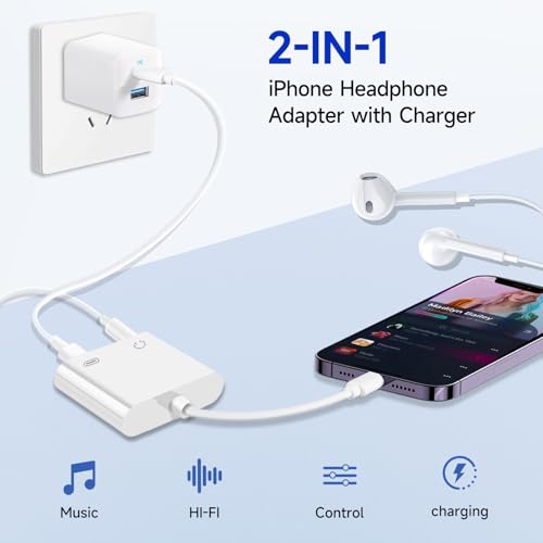 [Apple MFi Certified] 2-in-1 Charging & Audio Adapter for iPhone, Lightning to 3.5mm Headphone Jack Dongle Splitter, Supports Hi-Res Lossless Sound, Compatible with iPhone 14/13/12/11/XS/XR/8/7 1Pack - color: White