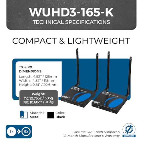 OREI Wireless HDMI Transmitter and Receiver 4K30Hz 165ft 1-Way IR Loop Out | HDMI Wireless Extender, Wireless HDMI Transmitter – 1-to-4 Support, 5GHz, Low Latency, SSID Pairing, 24/7 Operation - size: 4K@30hz, style: TX & RX Kit