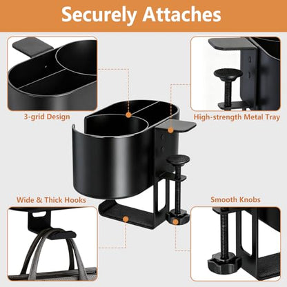 4 in 1 Desk Cup Holder, Clamp On Drink Holder with Headphone Hanger | Anti-Spill Clip on Desk Organizer for Pen Phone Mug, Gaming Office Desk Accessories fits Most Desks - color: Black-2 with Headphone Hanger