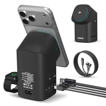 6-in-1 Charging Station, Desktop Charger with QI2 15W Wireless & 65W USB-C Hub, 3 USB-C + USB-A, Smart Power for iPhone, Android, Earbuds, Watch, Laptop for Office Desk & Nightstand (Black) - color: Black