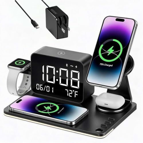 7-in-1 Magnetic Wireless Charging Station with Digital Clock & LED Lamp | 65W Power Adapter, 25W Fast Charging, 6-Device Charging Hub, Rotatable Stand, Bluetooth TimeSync, Qi Magsafe Compatible