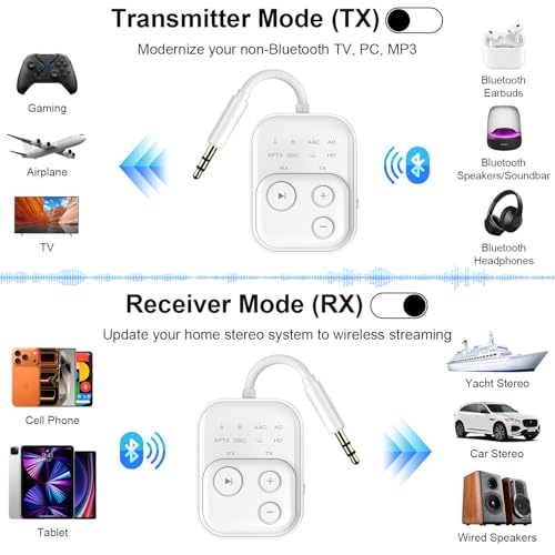 Bluetooth 6.0 Audio Transmitter Receiver, Bluetooth Adapter for TV/Airplane | Dual Link for 2 Headphones, Qualcomm aptX LL, HD, 3.5mm AUX Audio Transmitter for Flight Trave, Gym, Low Latency - color: White