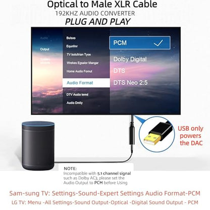 192KHz DAC Optical to XLR Converter,Optical Audio Cable to Unbalanced Male XLR Audio Cord Adapter,Digital to Analog Audio Converter for HDTV DVD Set-top Boxes (O-ptical to XL R Only) Cable - 6.6FT - size: 6.6FT