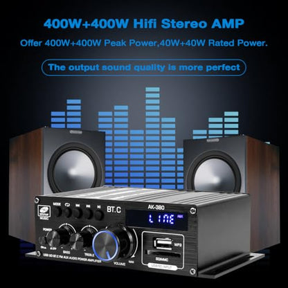 Bluetooth 5.0 Audio Amplifier 400W+400W 2.0 CH AMP HiFi Stereo Treble Bass Audio Receiver for Passive Speakers Theater System AK-380
