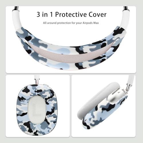 4 in 1 Silicone Case Cover Compatible with Apple Airpods Max 2/1 Headphones(2026/2024/2020), Printed Ear Pad Case Cover Ear Cups Cover and Headband Cover Headband Pad Accessories (Camouflage Blue) - color: Camouflage Blue