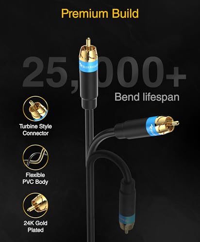 BlueRigger Subwoofer Cable 50FT (Dual Shielded RCA Cables for Subwoofer) Gold Plated, RCA Male to Male – Subwoofer RCA Cable for Amplifier, DAC, Receiver, Home Theater, HDTV, Soundbar - size: 50FT