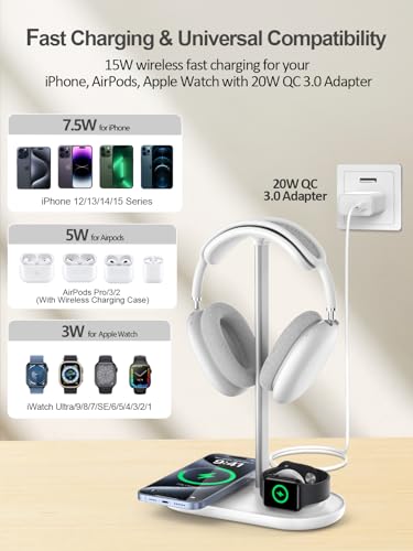 4 in 1 Headphone Stand, Airpod Max Charger Stand with 15W Wireless Charger | Headset Holder for AirPods Max 2/Pro/iWatch/Vision Pro, Charging for iPhone 17/16/15/14/13/12/11/X, Aluminum Alloy Rod, White - color: Cream White