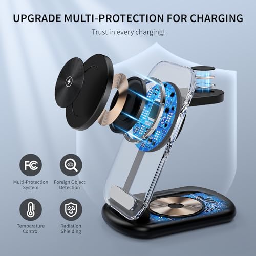 RYND 2026 Traveling Wireless Mag-Safe Fast Charging Station | Magnetic 3 in 1 Charger with Light for iPhone 17 16 15 14 13 12 Pro Max Plus,Apple Watch & Air pods 4 3 2 Pro(Black) - color: Black