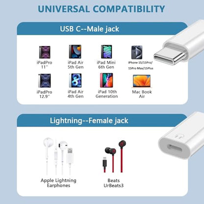 USB C to Lightning Audio Adapter, USB C Male to Lightning Female Earphone Converter Compatible with iPhone 17/17Pro Max/16/15/15Pro Max, iPad Pro, iPad Air 6, MacBook and More(Audio Only, No Charge)