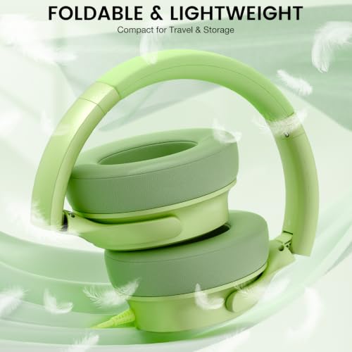 USB C Wired Over-Ear Headphones with Microphone | Volume Control, Share Port, Adjustable Headband Foldable Stereo Headset for Adult/Teens for iPhone 16, Laptop, Gaming, Travel - color: Grass Green