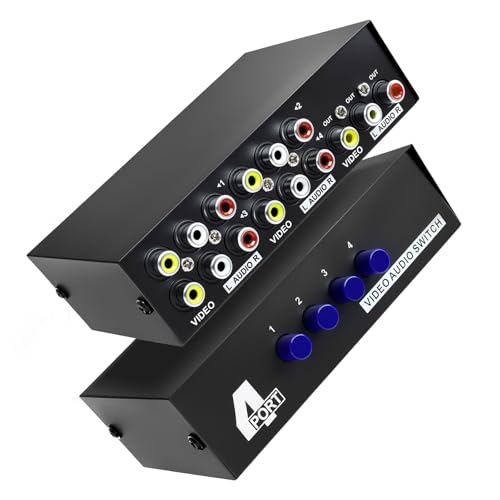Poyiccot 4 Port Audio Receivers and Video Recivers, RCA Switcher 4 in 1 Out Composite Video L/R Audio Stereo Selector Box, Multi-Way AV Selector Switch Box for DVD, Game Consoles,Xbox, HDTV, 1Pack