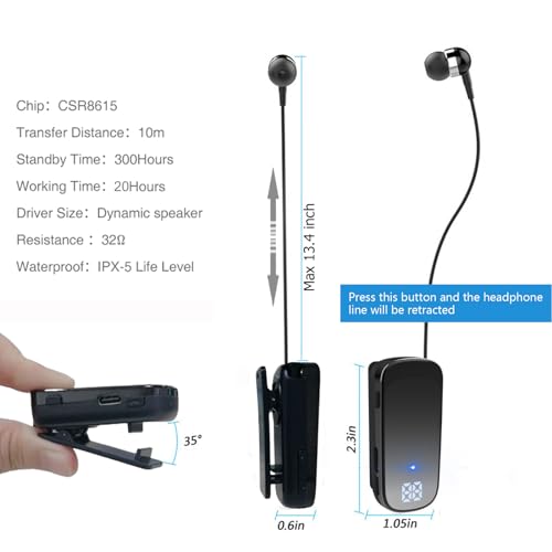Retractable Wireless Headset Headphone Stereo Earphone V5.0 Noise Cancelling Mic Clip on Earpiece Comfortable HandsFree Headset 20Hrs Talking Time Sports Business Trucker Driver Earbud - color: Black