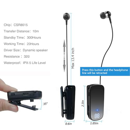 Retractable Wireless Headset Headphone Stereo Earphone V5.0 Noise Cancelling Mic Clip on Earpiece Comfortable HandsFree Headset 20Hrs Talking Time Sports Business Trucker Driver Earbud - color: Black