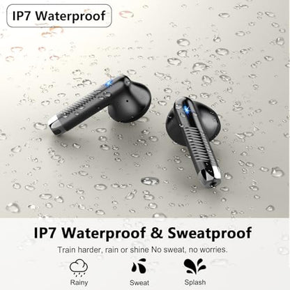 Drsaec Wireless Earbuds, Bluetooth Headphones Stereo Bass Ear Buds with ENC Noise Cancelling Mics, Earbuds with LED Display Charging Case, IP7 Waterproof Earphones for Android iOS - color: Light black