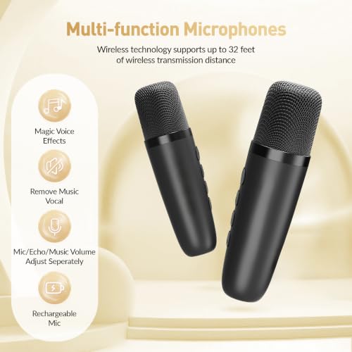 Mini Karaoke Machine, Portable Bluetooth Karaoke Speaker with 2 Wireless Microphones and Party Lights for Kids and Adults, Birthday Gifts for Girls Boys Family Home Party - color: Black