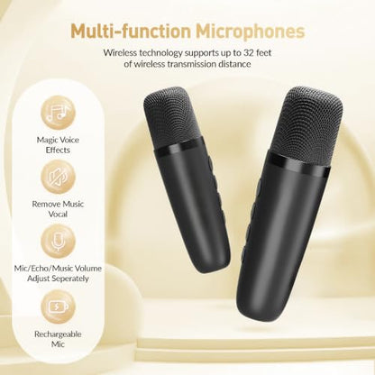 Mini Karaoke Machine, Portable Bluetooth Karaoke Speaker with 2 Wireless Microphones and Party Lights for Kids and Adults, Birthday Gifts for Girls Boys Family Home Party - color: Black