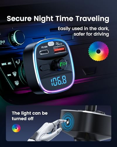 LENCENT Bluetooth 5.4 FM Transmitter Car Adapter 48W PD Fast Charging | PD 30W & 18W, 7 Color Light Wireless Radio Music Adapter Hands-Free Calling, Support USB Drive & TF Card - color: Colorful-48W