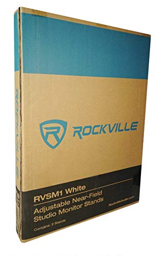 Rockville RVSM1 White Pair Adjustable Height Studio Monitor Speaker Stands | 33"-45" Height Range, 80 lb Capacity, EVA Isolation Pads, Steel Construction, Security Pin Lock