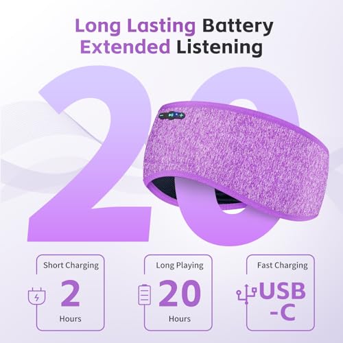 Sleep Headphones Bluetooth 6.0 Wireless Headband for Side Sleepers (Purple) | 200mah cell for 20hr playback, 3mm ultra-thin speaker & mic, HD stereo, removable & washable, 2-in-1 sport & sleep headband - color: Purple