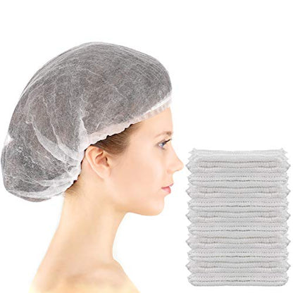 100 Pcs Disposable Nonwoven Bouffant Caps 21 Inch Hair Net Elastic Cap Hair Cover Hats for Beauty Salon Hospital Spa Catering Dust-free Workspace(White) - color: White