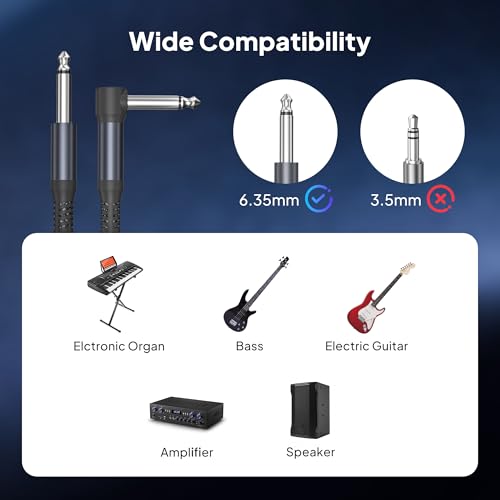 Elebase 1/4 inch TS Guitar Cable 20FT 2Pack,Right Angle Instrument Cord | Quarter inch 6.35mm Audio Cable,90 Degree Mono 6.3mm Male Jack Audio Line for Electric Guitar,Bass,Keyboard,Amplifiers,AMP - size: 20ft/6m, style: Angled-Grey