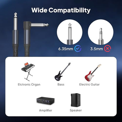 Elebase 1/4 inch TS Guitar Cable 20FT 2Pack,Right Angle Instrument Cord | Quarter inch 6.35mm Audio Cable,90 Degree Mono 6.3mm Male Jack Audio Line for Electric Guitar,Bass,Keyboard,Amplifiers,AMP - size: 20ft/6m, style: Angled-Grey