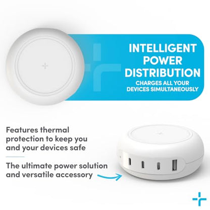 TYLT Hub 100W Multi-Port Power Charging Station, Compact Wireless Fast Charger with 3 USB-C Ports and 1 USB-A Port for MacBook, iPhone, iPad, and Qi Compatible Devices, White