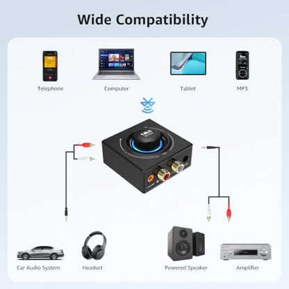 1Mii B06T3 Bluetooth 6.0 Receiver for Home Stereo, RCA & 3.5mm AUX Jack | Wireless Audio Adapter with Knob Volume Control, for Wired Speakers, Old Speakers, Home Audio Music Streaming Stereo System
