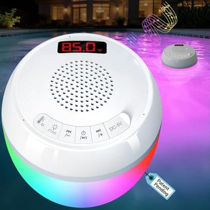 AearKing 3in1 Floating Pool Speaker with Digital Pool Thermometer & Lights | RGB Lights, TWS, IP68 Waterproof, Bluetooth 5.0, 360° Surround Sound, LCD Temperature Display, ABS,USB Charging