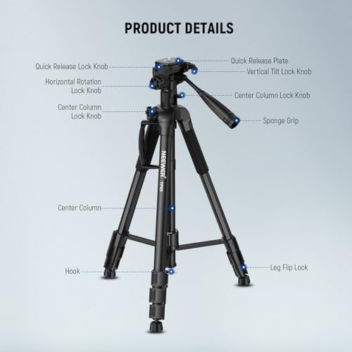 NEEWER Basics TP05 74" Video Tripod Monopod, 3 Way Pan Tilt Head Phone Holder Compatible with iPhone DSLR, Travel Recording Stand, Overhead Camera Mount, Crossbar, 17.6lb Load - style: TP05 w/Phone Holder