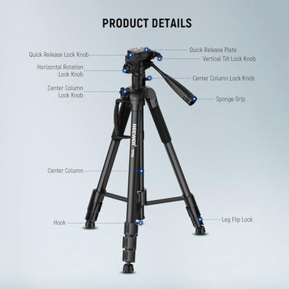 NEEWER Basics TP05 74" Video Tripod Monopod, 3 Way Pan Tilt Head Phone Holder Compatible with iPhone DSLR, Travel Recording Stand, Overhead Camera Mount, Crossbar, 17.6lb Load - style: TP05 w/Phone Holder