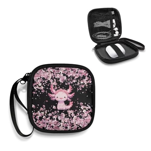 Axolotl Cherry Blossom Headphone Case Square Earbud Organizer Portable Bluetooth Headset Case with Handle for Girls Boys Men Women - color: Axolotl Cherry Blossom