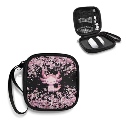 Axolotl Cherry Blossom Headphone Case Square Earbud Organizer Portable Bluetooth Headset Case with Handle for Girls Boys Men Women - color: Axolotl Cherry Blossom