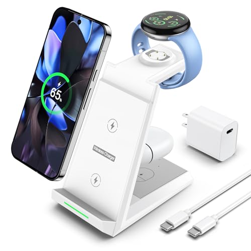 NANAMI 3 in 1 Wireless Charging Station Charger Dock for Google Devices | Fast Charger Stand Dock for Pixel 9/9 Pro XL/Fold, Buds Pro 2/Pro, Watch 3/2, Fitbit Versa 4/Sense 2(Not for Pixel Watch 1/4) - color: White
