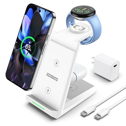 NANAMI 3 in 1 Wireless Charging Station Charger Dock for Google Devices | Fast Charger Stand Dock for Pixel 9/9 Pro XL/Fold, Buds Pro 2/Pro, Watch 3/2, Fitbit Versa 4/Sense 2(Not for Pixel Watch 1/4) - color: White