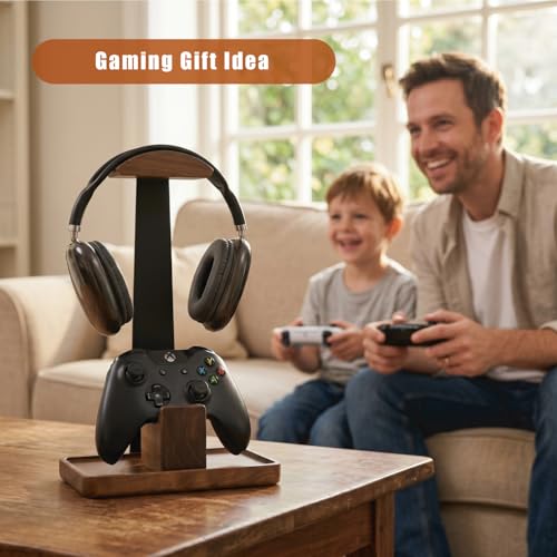 Damuzhi Walnut Wood Headphone Stand with Gaming Controller Holder | Headphone Stand with gifts for gamers, Gaming Accessories for Desk Compatible As Well As Xbox, Ps5, Ps4 And Nintendo Switch