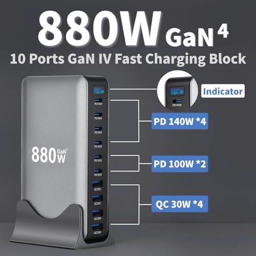 880W USB C Fast Charger Block, 10 Ports GaN IV Pro USB Chagring Station, 140W PD QC HUB for Multiple Devices, Laptop Adapter Compatible with MacBook Pro/Air iPad iPhone Pro Max, Galaxy, Dell, HP - size: 880W-6C4A