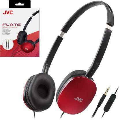 JVC Flats Foldable Colorful Flats On Ear Headphones with Remote and Microphone, 3.94 Foot Gold Plated 3.5mm Slim Plug - HAS160MA, Adjustable - Red - color: Red, style: Mic and Remote