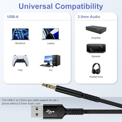 USB to Audio Adapter Cable, 3FT 3.5mm Aux to USB Audio Aux Cable Stereo Type A Male to 3.5mm TRS Male Headphone Jack Adapter for Headphones/Headset/Laptop/PC Windows/PS4 PS5 Mac/Linux/Desktops