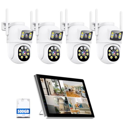 MOVOLS Wireless Security Camera System 5G/2.4G WiFi 4pcs 4MP+4MP Dual Lens Camera with 10" LCD Monitor Screen NVR System,2K HD PTZ Cameras with Color Night Version, Motion Detection,500GB HDD,10CH - style: 4 x Dual Cameras + Monitor Kit 500GB 10CH White