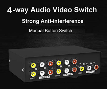 MT-ViKI 4 Way AV RCA Switch, 4 in 1 Out Composite Video L/R Audio Switcher Selector Box for DVD Player, SNES, N64, PS2/3 Game Consoles