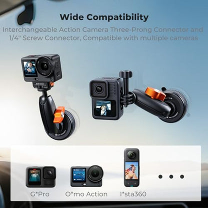 K&F CONCEPT Suction Cup Mount with Ball Head Magic Arm for Action Camera | Car Windshield Window Dash Mount Holder, 1/4" & Three-claw Adapter for GoPro Hero 13/12/11/10/9, Osmo Action 6/3/4/5 Pro XP01