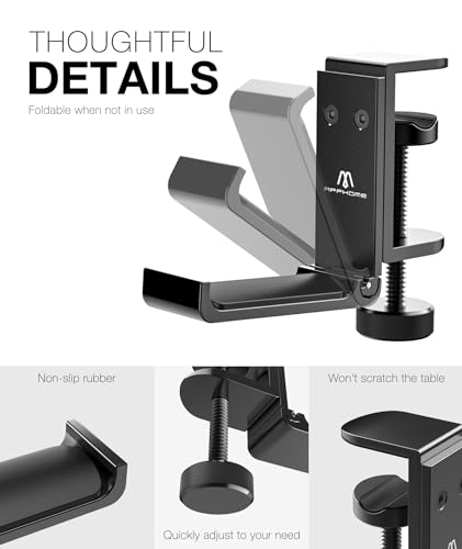 2 Pack Foldable Headphone Stand Hanger Holder, Aluminum Under Desk Clamp Hook Mount, Space-Saving Soundbar Stand with Universal Fit for Gaming PC Accessories