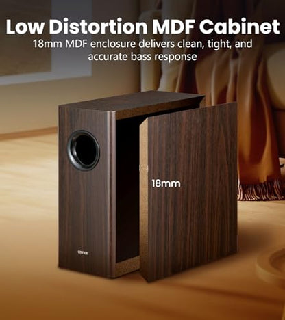 Edifier T5s Powered Subwoofer, 70W RMS, 8" Woofer, 35Hz Deep Bass, Brown | Active Long-Throw Speaker, Built-in Amp, Low Distortion, Phase Selector & Energy-Efficient for Home & Studio Audio - color: Brown