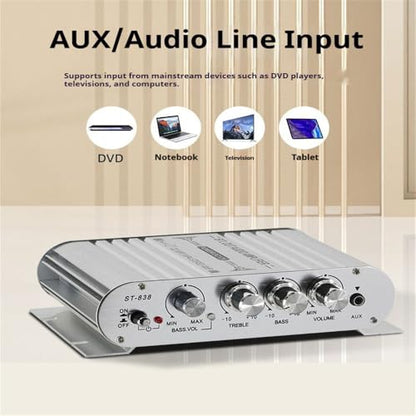 Stereo Audio Amplifier, Mini HiFi 2.1 Stereo Bass Car Home Audio Power Amplifier, Professional Digital Amp for Use on Your Carrier or at Home (Silver)