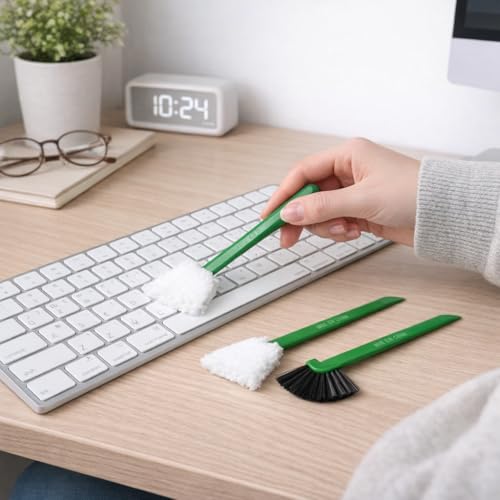 Mini Keyboard Cleaning Brush Set (3-Pack), Detail Crevice Cleaning Tool with Scraper and Microfiber Head for Window Tracks, Air Vents, and Electronics, Green