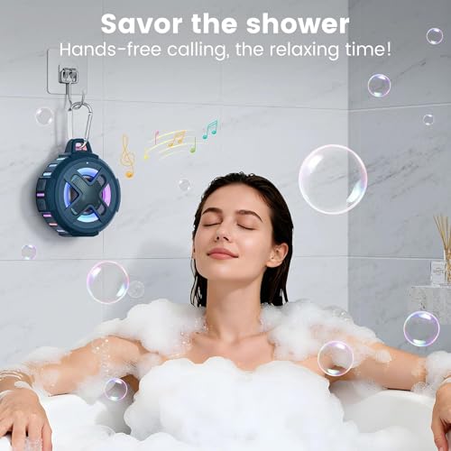 XLEADER X8, Upgraded, Portable Bluetooth Speaker, Certified IP67 Waterproof Shower Speaker, Silicone Case, 10W Bass, 24Hrs Playtime, Small, Floating, RGB Lights, Clip, for Pool Beach Kayak, Sea Blue - color: E-Blue